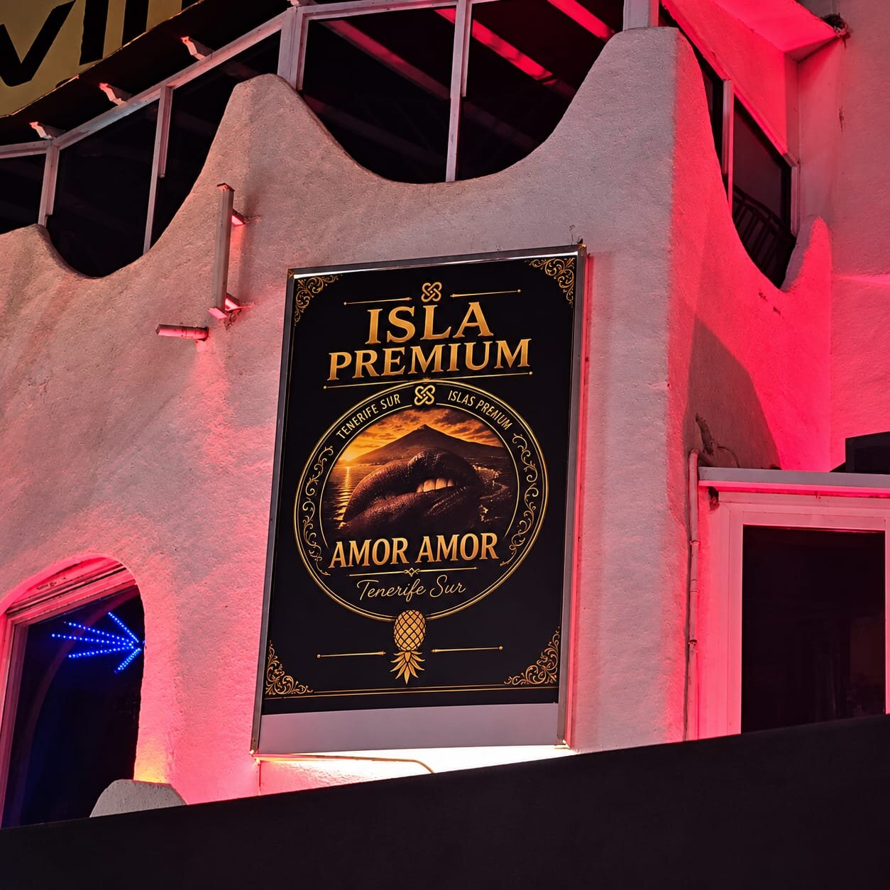 Club facade with Isla Premium poster