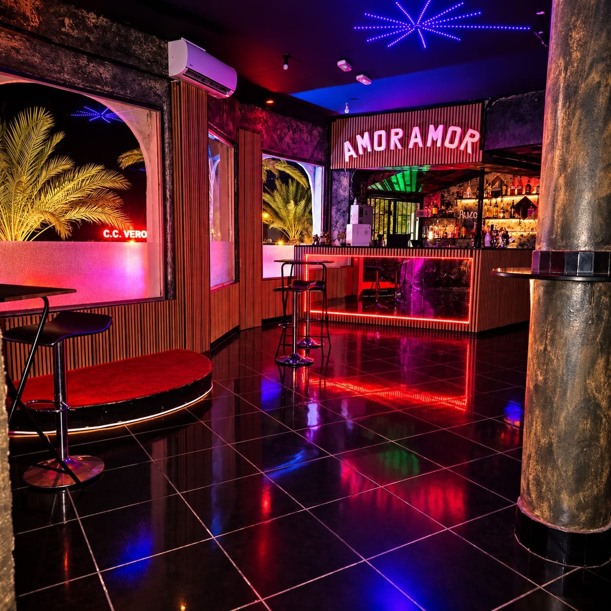 Neon bar with round red stage